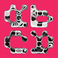 Fototapete - Set of 3d rendered font with abstract geometric shape and graphic pattern fill