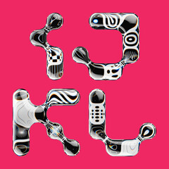 Fototapete - Set of 3d rendered font with abstract geometric shape and graphic pattern fill