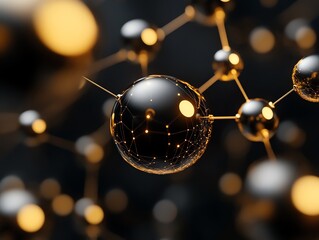 Poster - A close-up of a molecular structure made of shiny metallic spheres connected by thin golden rods, with a blurry background of other spheres and a web of light.