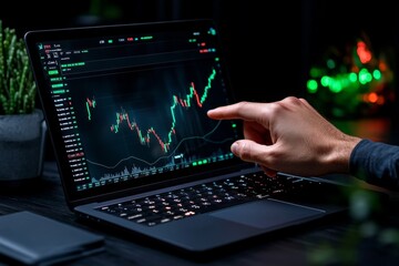 Aufkleber - A close-up of a hand pointing at a financial graph on a laptop screen in an office environment showing intense focus