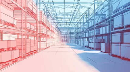 Poster - Detailed Overview of a Modern Warehouse Featuring Organizational Shelving and Storage Boxes Designed for Efficient Logistics Operations