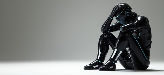 Poster - Robot in despair, sitting on floor, head in hand, reflecting sadness and isolation, futuristic design, sleek black exterior, glowing accents