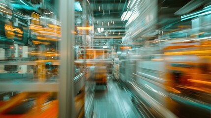 Poster - Engineers Inspecting High-Speed Machines in a Modern Manufacturing Environment with Dynamic Motion Blur Indicating Rapid Production Processes