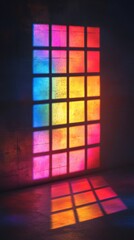 Poster - A colorful window in a dark room with light shining through and casting a rainbow shadow on the floor.