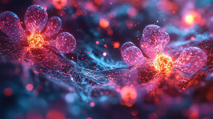 Poster - Close up of vibrant abstract data visualization with glowing particles and intricate patterns, showcasing blend of colors and shapes