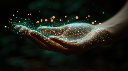 Poster - digital hand holding glowing seed with AI data, symbolizing innovation and growth. sparkling particles create magical atmosphere