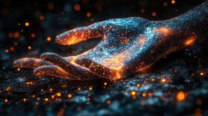 Poster - digital hand holding glowing seed, surrounded by cosmic particles, symbolizes fusion of nature and technology. vibrant colors evoke sense of wonder and innovation
