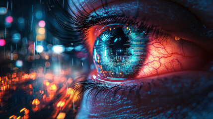 Poster - single glowing eye representing AI, showcasing vibrant colors and intricate details. eye reflects digital world, symbolizing technology and innovation