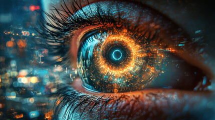 Poster - single glowing eye representing AI, surrounded by digital landscape, symbolizes technology and innovation. intricate details evoke sense of wonder and curiosity