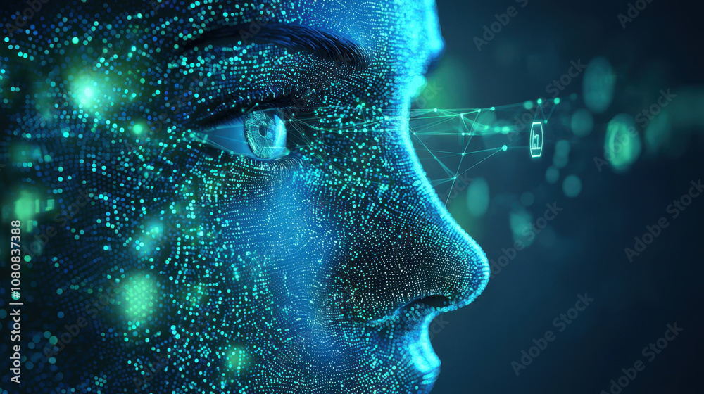 futuristic digital face with glowing data points and connections ...