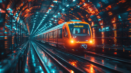 Poster - train emerges from vibrant, illuminated tunnel, showcasing dynamic colors and reflections. scene captures energy and motion of urban transit