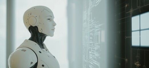 Poster - Robot observing digital interface, humanoid design, futuristic technology, sleek white exterior, intricate circuitry, modern environment