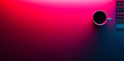 Aufkleber - A cup of coffee on a desk with a laptop keyboard and a red and blue gradient background.