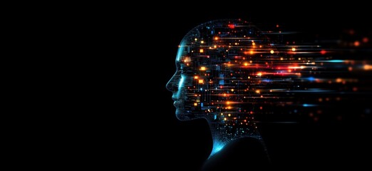 Poster - Digital human silhouette with flowing data streams, abstract representation of technology and artificial intelligence, glowing lights and circuits