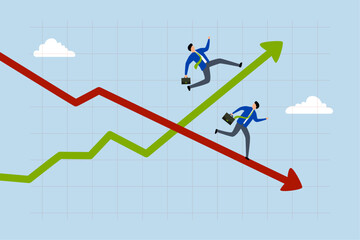 Profit and loss, entrepreneur sprinting on ascending growth chart and descending recession graph.