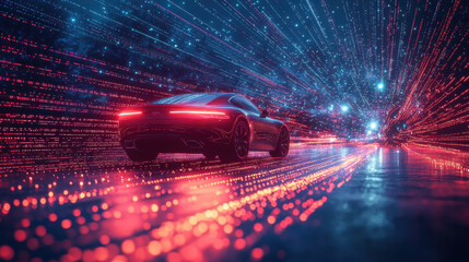 Poster - sleek car driving through vibrant digital landscape filled with glowing lights and data streams, creating futuristic atmosphere