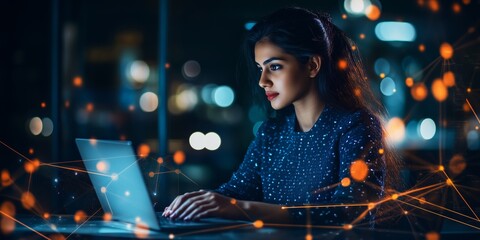 Poster - A dedicated focused professional is working diligently late at night with their laptop, embodying the essence of passion and commitment towards achieving their goals in a dynamic urban environment