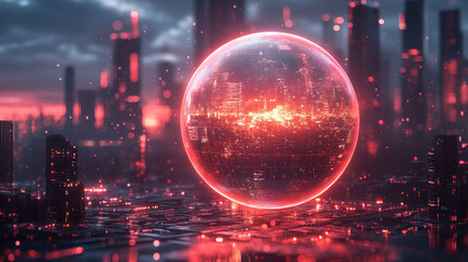 Poster - glowing sphere representing AI in futuristic cityscape, showcasing technology and innovation. vibrant red hues create captivating atmosphere