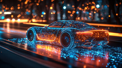 Poster - futuristic car with holographic projection design, illuminated by vibrant blue and orange lights, drives along glowing road at night, creating mesmerizing visual effect