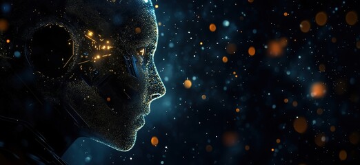 Poster - Futuristic robotic head silhouette, intricate details, glowing particles, dark background, technology concept