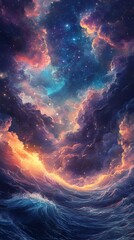 Poster - A digital painting of a vast, swirling sea of clouds with a starry sky above.