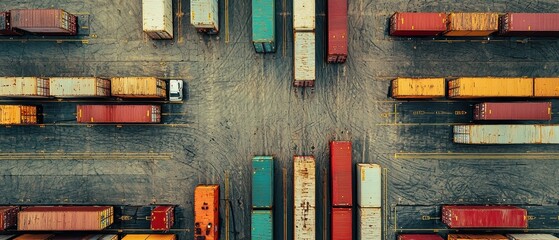 Poster - Aerial View of a Central Logistics Hub Featuring Color-Coded Delivery Vehicles and Shipping Containers for Efficient Supply Chain Management