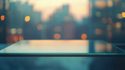 Poster - Modern Empty Glass Table in an Office with Bokeh Background and Beautiful City View During Sunset