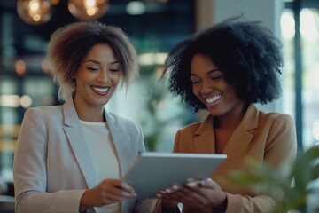 Leinwandbilder - In a contemporary business environment, two women are actively collaborating and brainstorming ideas. Their dynamic connection showcases the power of communication and creativity for entrepreneurs