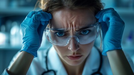 Aufkleber - A woman wearing a lab coat and blue gloves is looking at something