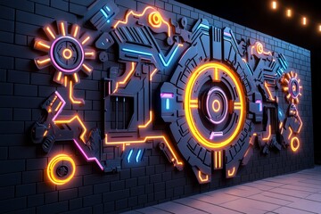 Poster - Cyberpunk-themed puzzle pieces with neon lights and high-tech designs, set against a dark backdrop