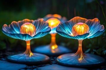 Poster - Futuristic garden with high-tech flowers and plants glowing in vibrant colors, illuminated by soft neon lights