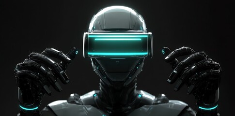 Poster - A futuristic robot wearing a VR headset and pointing with both hands.