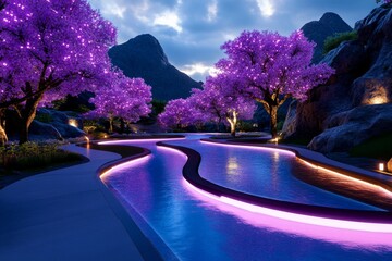 Poster - Futuristic park with glowing trees and digital flowers, a blend of nature and neon in a cyberpunk world