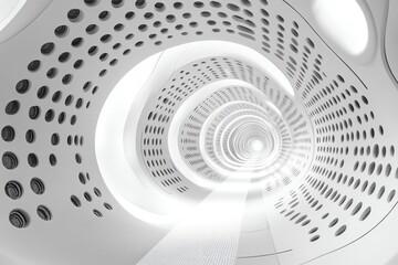 Poster - A futuristic white tunnel with a repeating circular pattern and a bright light at the end.