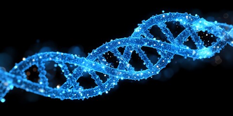 Poster - A glowing blue DNA double helix against a black background.