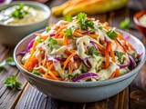 Fresh Aerial Photography of Vibrant Coleslaw Topped with Colorful Vegetables in a Rustic Bowl Surrounded by Fresh Ingredients