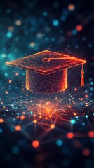 Fototapete - A glowing graduation cap symbol surrounded by a network of connected points representing digital learning and innovation.