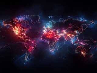 Poster - A glowing world map with lines connecting cities and continents, representing global connections and communication.