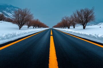 Aufkleber - Minimalist straight road with abstract trees on each side, soft colors, and uncluttered design