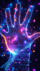 Aufkleber - A glowing, digital hand reaches out, with vibrant particles emanating from it.