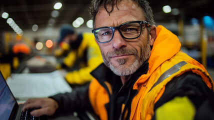 Wall Mural - A focused man wearing glasses and bright orange safety vest works diligently at desk in busy industrial environment, showcasing determination and professionalism