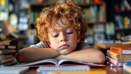 Poster - A young boy rests his chin on folded arms while focusing intently on an open book amidst stacks of books in a lively, well-lit room. He appears thoughtful and engaged.