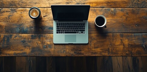 Poster - A laptop, cup of coffee, and a mug of cappuccino on a wooden table.