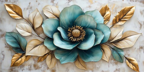 Poster - A large teal flower with a golden center surrounded by gold and cream leaves.