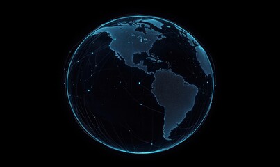 Poster - Digital globe representation with network connections, showcasing Americas, blue neon lines, dark background, global connectivity, technology visualization