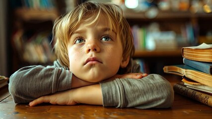 Poster - A young boy with dreamy eyes leans on his arms, gazing thoughtfully at the table in a warm, inviting library filled with books and soft lighting.