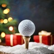 © Asunta - Christmas golfing background, golf ball on tee in front of presents and Christmas tree, space for copy up top