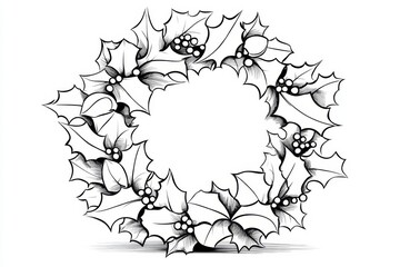 Leinwandbilder - Simple outline of a Christmas wreath with small holly leaves and berries, drawn in clean lines
