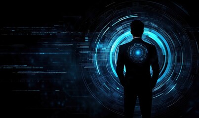 Poster - Silhouette of businessman against digital technology background, futuristic design, blue tones, abstract patterns, innovation concept