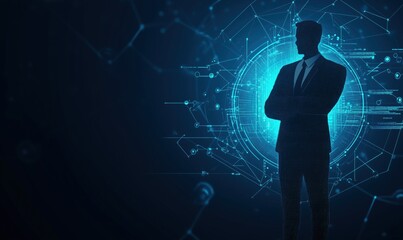 Poster - Silhouette of businessman with digital technology background, representing innovation and data analysis. Abstract network connections and glowing elements.